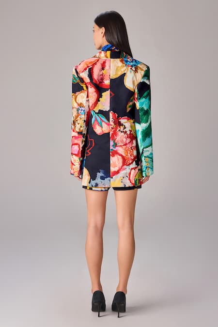 Shop_Saaksha & Kinni_Multi Color Cotton Floral Print Long Line Blazer _at_Aza_Fashions
