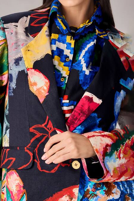 Saaksha & Kinni_Multi Color Cotton Floral Print Long Line Blazer _at_Aza_Fashions