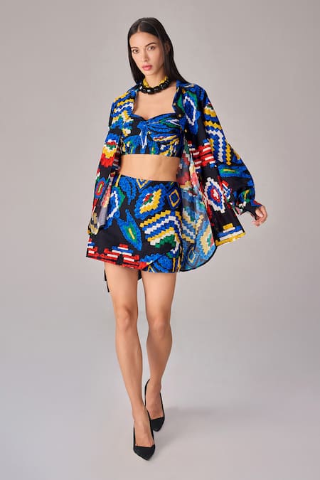 Buy Saaksha & Kinni Multi Color Cotton Collared Aztec Print Shirt Online at Aza Fashions Buy_Saaksha & Kinni_Multi Color Cotton Collared Aztec Print Shirt _Online_at_Aza_Fashions