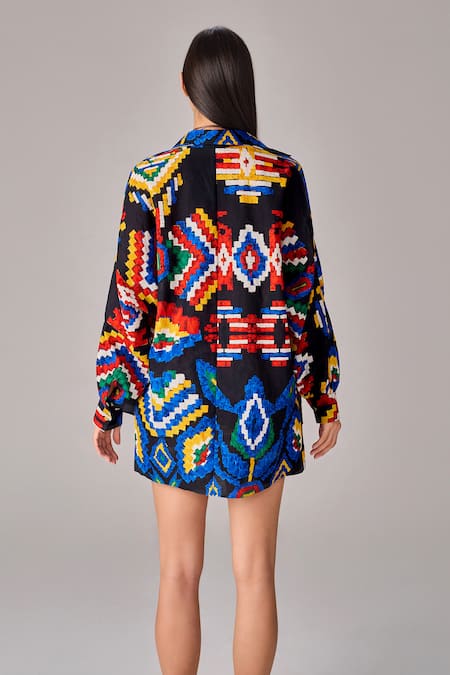 Shop Saaksha & Kinni Multi Color Cotton Collared Aztec Print Shirt at Aza Fashions Shop_Saaksha & Kinni_Multi Color Cotton Collared Aztec Print Shirt _at_Aza_Fashions