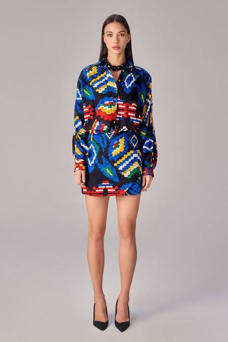 Saaksha & Kinni Multi Color Cotton Aztec Print High Waist Skort Online at Aza Fashions Saaksha & Kinni_Multi Color Cotton Aztec Print High Waist Skort _Online_at_Aza_Fashions