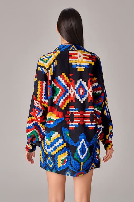 Shop Saaksha & Kinni Multi Color Cotton Aztec Print High Waist Skort at Aza Fashions Shop_Saaksha & Kinni_Multi Color Cotton Aztec Print High Waist Skort _at_Aza_Fashions