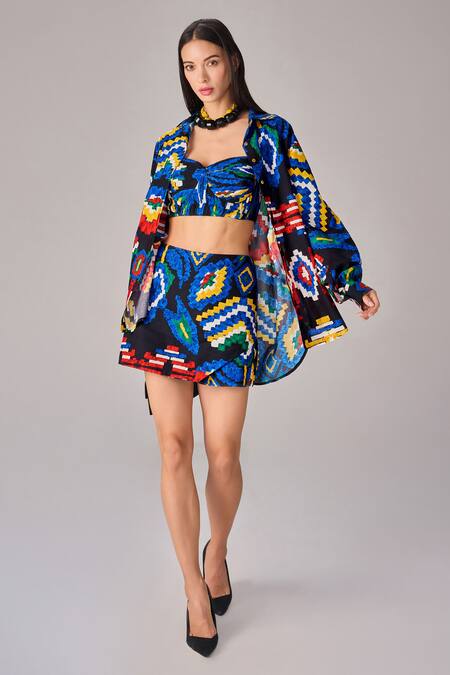 Saaksha & Kinni Multi Color Cotton Aztec Print High Waist Skort at Aza Fashions Saaksha & Kinni_Multi Color Cotton Aztec Print High Waist Skort _at_Aza_Fashions