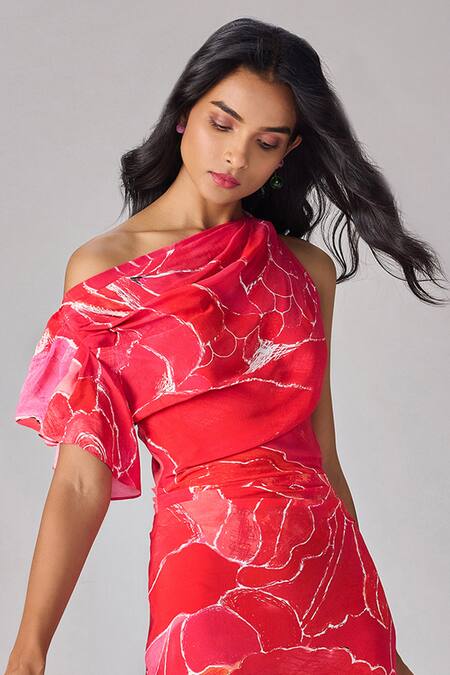 Saaksha & Kinni_Pink Crepe One Shoulder Abstract Floral Maxi Dress _Online_at_Aza_Fashions