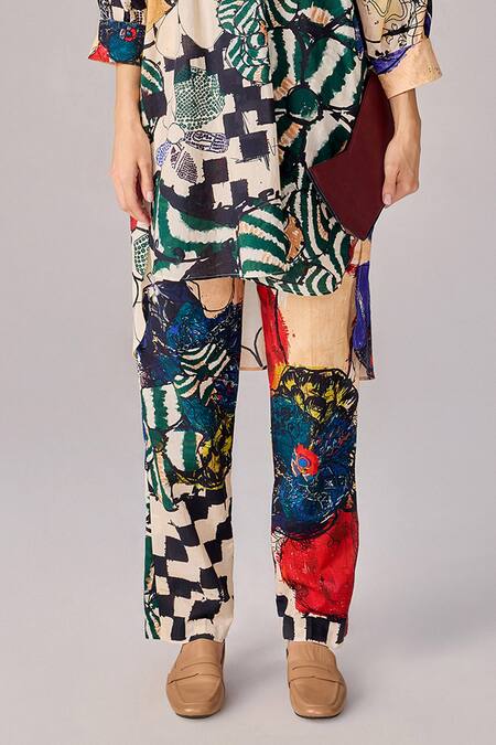 Saaksha & Kinni Multi Color Cotton Abstract Floral High Waist Trousers Online at Aza Fashions Saaksha & Kinni_Multi Color Cotton Abstract Floral High Waist Trousers _Online_at_Aza_Fashions