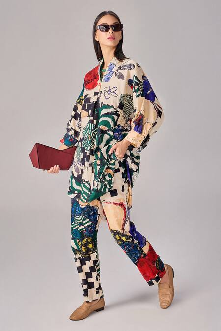 Buy Saaksha & Kinni Multi Color Cotton Abstract Floral High Waist Trousers Online at Aza Fashions Buy_Saaksha & Kinni_Multi Color Cotton Abstract Floral High Waist Trousers _Online_at_Aza_Fashions