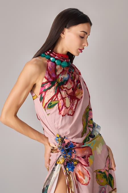 Saaksha & Kinni Multi Color Crepe Mirrors, Tassels One Shoulder Floral Print Maxi Dress Online at Aza Fashions Saaksha & Kinni_Multi Color Crepe Mirrors, Tassels One Shoulder Floral Print Maxi Dress _Online_at_Aza_Fashions