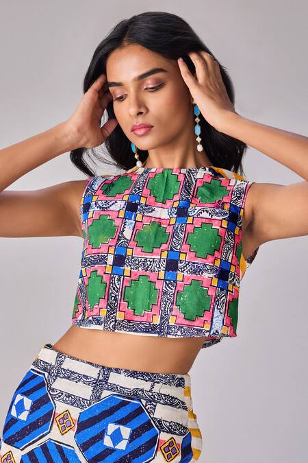 Buy Saaksha & Kinni Multi Color Cotton High Neck Abstract Print Cropped Blouse Online at Aza Fashions Buy_Saaksha & Kinni_Multi Color Cotton High Neck Abstract Print Cropped Blouse _Online_at_Aza_Fashions