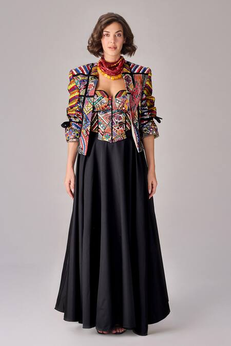 Shop_Saaksha & Kinni_Black Taffeta High Waist Flared Maxi Skirt _Online_at_Aza_Fashions