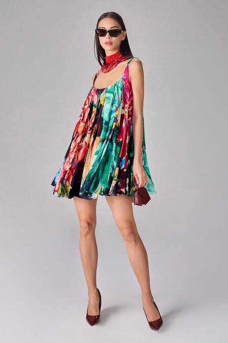 Saaksha & Kinni Multi Color Crepe Scoop Neck Floral Print Flared Mini Dress Online at Aza Fashions Saaksha & Kinni_Multi Color Crepe Scoop Neck Floral Print Flared Mini Dress _Online_at_Aza_Fashions