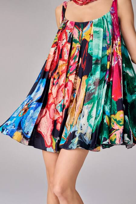 Buy Saaksha & Kinni Multi Color Crepe Scoop Neck Floral Print Flared Mini Dress Online at Aza Fashions Buy_Saaksha & Kinni_Multi Color Crepe Scoop Neck Floral Print Flared Mini Dress _Online_at_Aza_Fashions