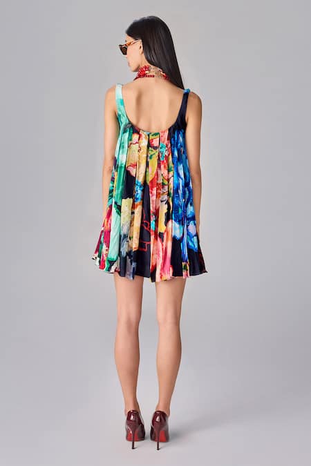 Shop Saaksha & Kinni Multi Color Crepe Scoop Neck Floral Print Flared Mini Dress at Aza Fashions Shop_Saaksha & Kinni_Multi Color Crepe Scoop Neck Floral Print Flared Mini Dress _at_Aza_Fashions