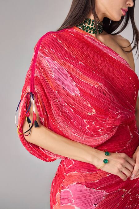 Saaksha & Kinni_Pink Cotton, Silk Tassels, Mirrors One Shoulder Abstract Floral Midi Dress _Online_at_Aza_Fashions