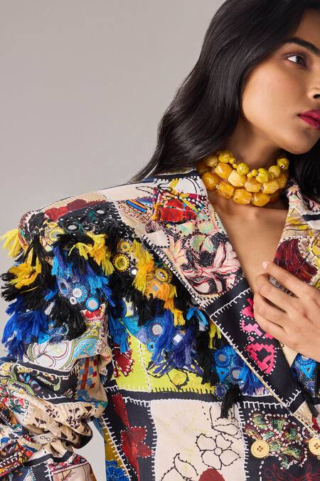 Saaksha & Kinni_Multi Color Cotton Tassels, Mirrors Patchwork Print Ezra Blazer_Online_at_Aza_Fashions
