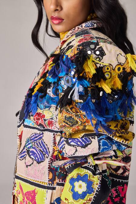 Buy_Saaksha & Kinni_Multi Color Cotton Tassels, Mirrors Patchwork Print Ezra Blazer_Online_at_Aza_Fashions