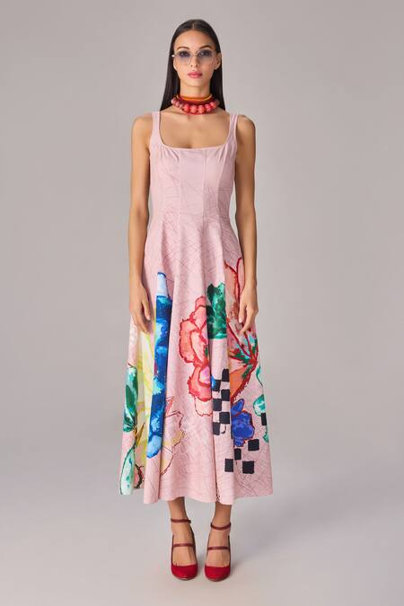 Saaksha & Kinni Pink Poplin Square Neck Floral Placement Print Midi Dress Online at Aza Fashions Saaksha & Kinni_Pink Poplin Square Neck Floral Placement Print Midi Dress _Online_at_Aza_Fashions