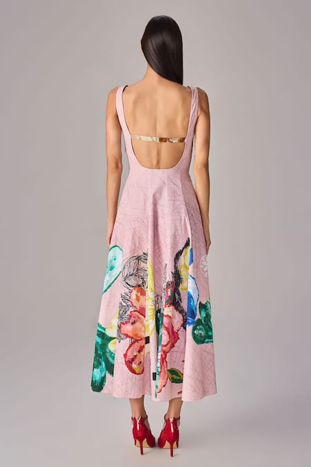 Shop Saaksha & Kinni Pink Poplin Square Neck Floral Placement Print Midi Dress at Aza Fashions Shop_Saaksha & Kinni_Pink Poplin Square Neck Floral Placement Print Midi Dress _at_Aza_Fashions
