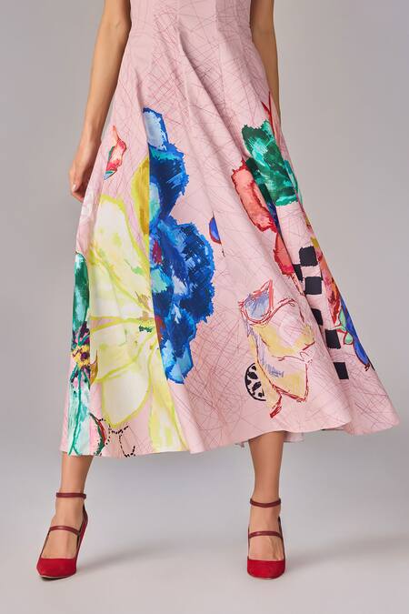 Shop Saaksha & Kinni Pink Poplin Square Neck Floral Placement Print Midi Dress Online at Aza Fashions Shop_Saaksha & Kinni_Pink Poplin Square Neck Floral Placement Print Midi Dress _Online_at_Aza_Fashions