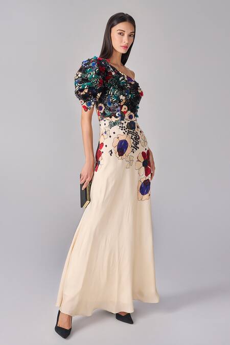 Saaksha & Kinni_Multi Color Crepe Mirrors, Tassels, Embroidery One Floral Checkered Maxi Dress_Online_at_Aza_Fashions
