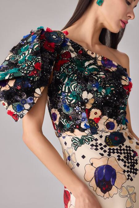 Buy_Saaksha & Kinni_Multi Color Crepe Mirrors, Tassels, Embroidery One Floral Checkered Maxi Dress_Online_at_Aza_Fashions