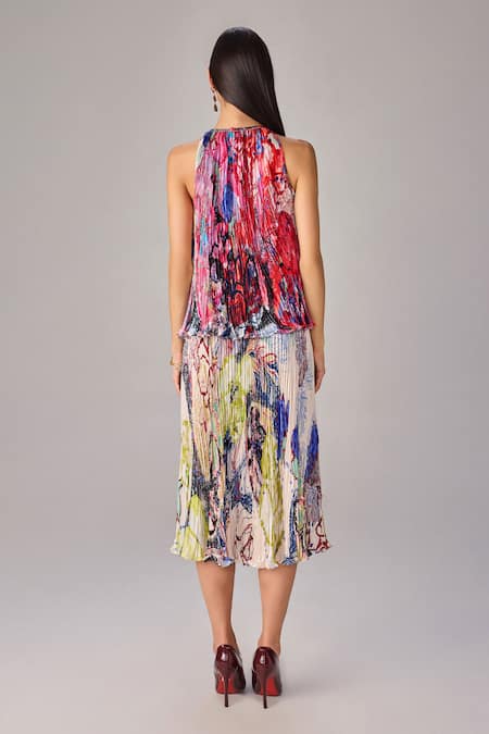 Shop Saaksha & Kinni Multi Color Polyester Halter Neck Abstract Floral Pleat Blouse at Aza Fashions Shop_Saaksha & Kinni_Multi Color Polyester Halter Neck Abstract Floral Pleat Blouse _at_Aza_Fashions