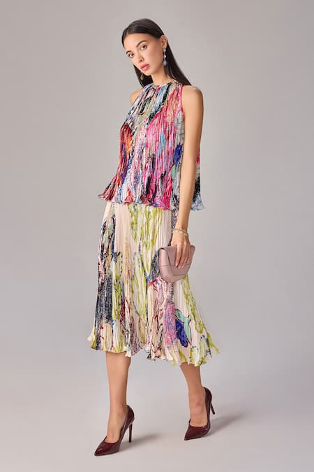 Saaksha & Kinni Multi Color Polyester Halter Neck Abstract Floral Pleat Blouse Online at Aza Fashions Saaksha & Kinni_Multi Color Polyester Halter Neck Abstract Floral Pleat Blouse _Online_at_Aza_Fashions
