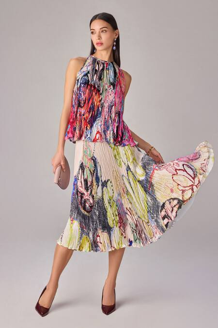 Buy Saaksha & Kinni Multi Color Polyester Halter Neck Abstract Floral Pleat Blouse Online at Aza Fashions Buy_Saaksha & Kinni_Multi Color Polyester Halter Neck Abstract Floral Pleat Blouse _Online_at_Aza_Fashions