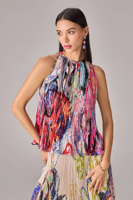 Shop Saaksha & Kinni Multi Color Polyester Halter Neck Abstract Floral Pleat Blouse Online at Aza Fashions Shop_Saaksha & Kinni_Multi Color Polyester Halter Neck Abstract Floral Pleat Blouse _Online_at_Aza_Fashions