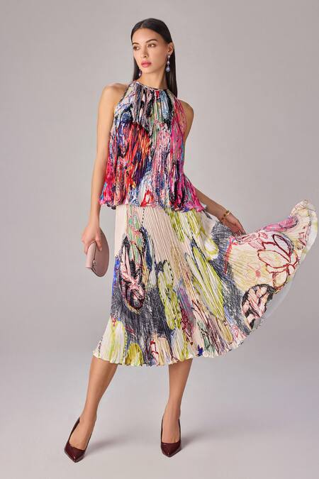 Buy_Saaksha & Kinni_Multi Color Polyester Abstract Print Midi Skirt _Online_at_Aza_Fashions