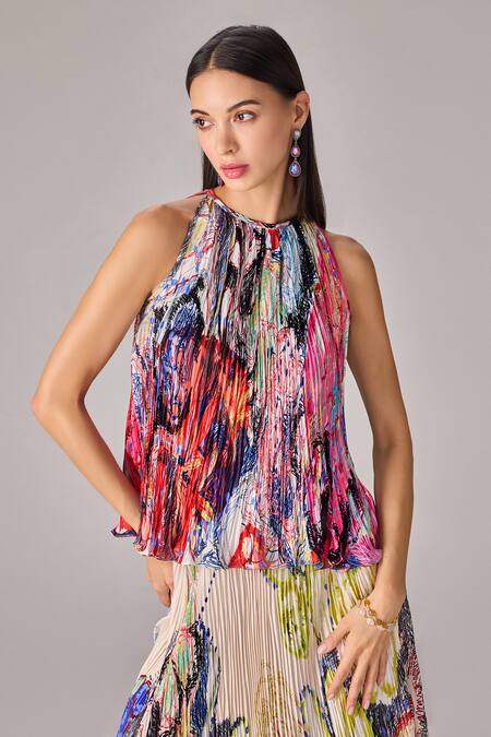 Shop_Saaksha & Kinni_Multi Color Polyester Abstract Print Midi Skirt _Online_at_Aza_Fashions