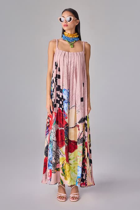 Saaksha & Kinni Multi Color Crepe Square Neck Floral Abstract Print Flared Maxi Dress Online at Aza Fashions Saaksha & Kinni_Multi Color Crepe Square Neck Floral Abstract Print Flared Maxi Dress _Online_at_Aza_Fashions