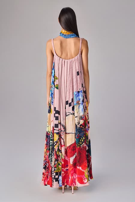 Shop Saaksha & Kinni Multi Color Crepe Square Neck Floral Abstract Print Flared Maxi Dress at Aza Fashions Shop_Saaksha & Kinni_Multi Color Crepe Square Neck Floral Abstract Print Flared Maxi Dress _at_Aza_Fashions