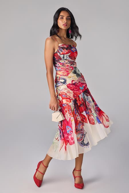 Saaksha & Kinni_Multi Color Chiffon Abstract Floral Print Asymmetric Midi Dress _Online_at_Aza_Fashions