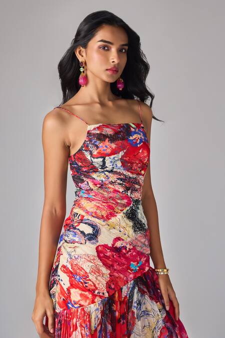 Buy_Saaksha & Kinni_Multi Color Chiffon Abstract Floral Print Asymmetric Midi Dress _Online_at_Aza_Fashions