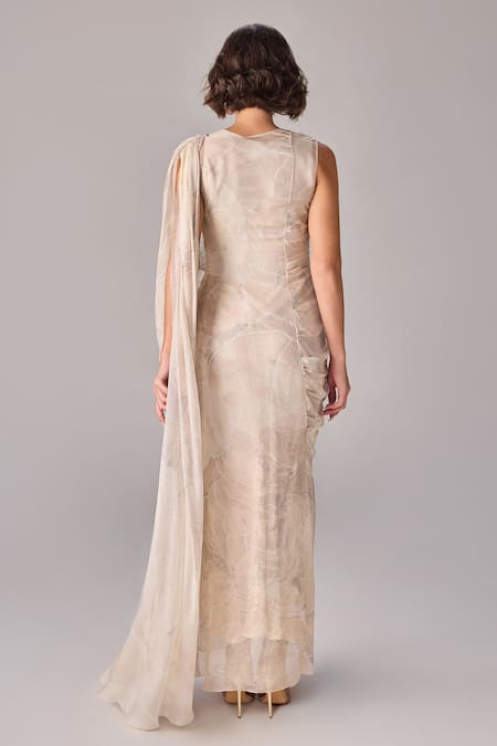 Shop Saaksha & Kinni Ivory Chiffon, Crepe V-neck Abstract Floral Maxi Dress With Drapery at Aza Fashions Shop_Saaksha & Kinni_Ivory Chiffon, Crepe V-neck Abstract Floral Maxi Dress With Drapery _at_Aza_Fashions