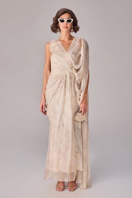 Saaksha & Kinni Ivory Chiffon, Crepe V-neck Abstract Floral Maxi Dress With Drapery Online at Aza Fashions Saaksha & Kinni_Ivory Chiffon, Crepe V-neck Abstract Floral Maxi Dress With Drapery _Online_at_Aza_Fashions