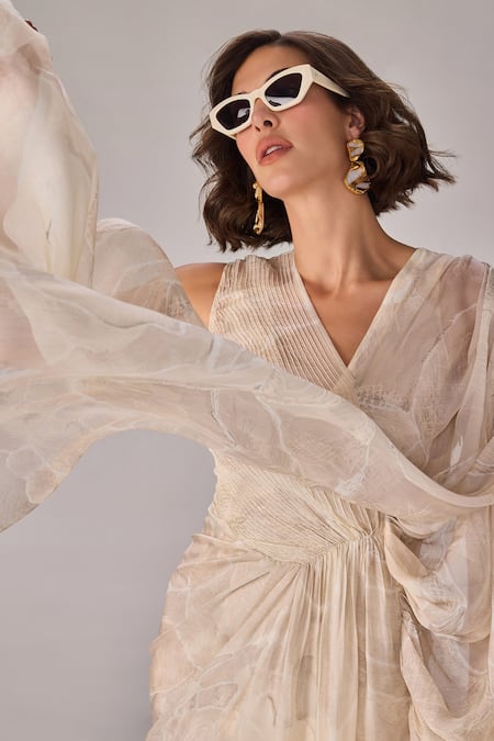 Buy Saaksha & Kinni Ivory Chiffon, Crepe V-neck Abstract Floral Maxi Dress With Drapery Online at Aza Fashions Buy_Saaksha & Kinni_Ivory Chiffon, Crepe V-neck Abstract Floral Maxi Dress With Drapery _Online_at_Aza_Fashions