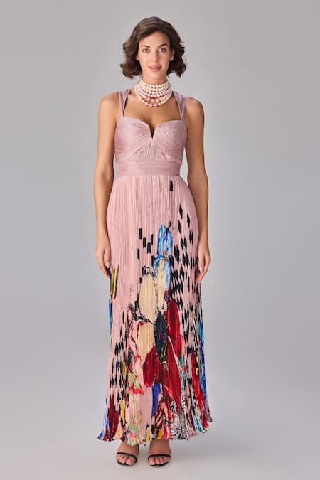 Saaksha & Kinni Multi Color Chiffon Sweetheart Neck Floral Print Hand Pleated Maxi Dress Online at Aza Fashions Saaksha & Kinni_Multi Color Chiffon Sweetheart Neck Floral Print Hand Pleated Maxi Dress _Online_at_Aza_Fashions
