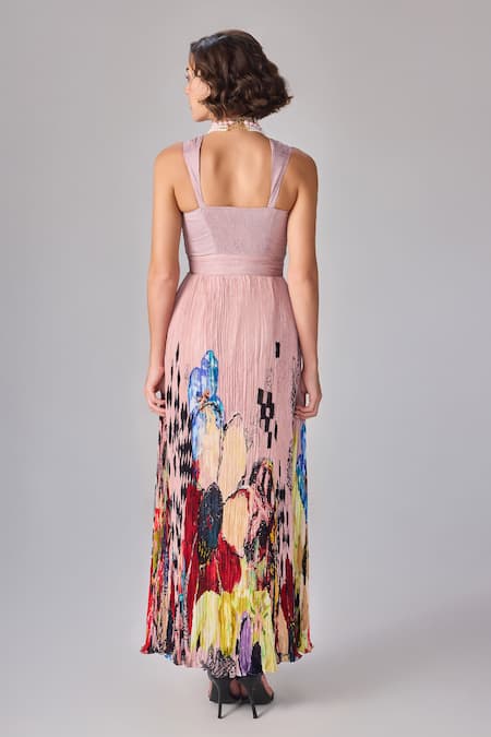 Shop Saaksha & Kinni Multi Color Chiffon Sweetheart Neck Floral Print Hand Pleated Maxi Dress at Aza Fashions Shop_Saaksha & Kinni_Multi Color Chiffon Sweetheart Neck Floral Print Hand Pleated Maxi Dress _at_Aza_Fashions