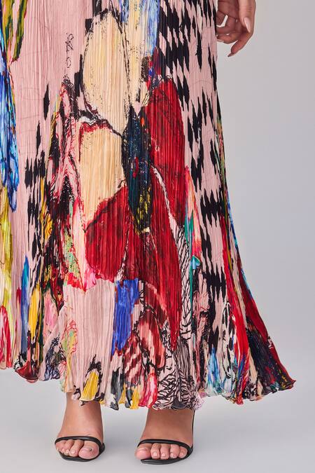 Shop Saaksha & Kinni Multi Color Chiffon Sweetheart Neck Floral Print Hand Pleated Maxi Dress Online at Aza Fashions Shop_Saaksha & Kinni_Multi Color Chiffon Sweetheart Neck Floral Print Hand Pleated Maxi Dress _Online_at_Aza_Fashions
