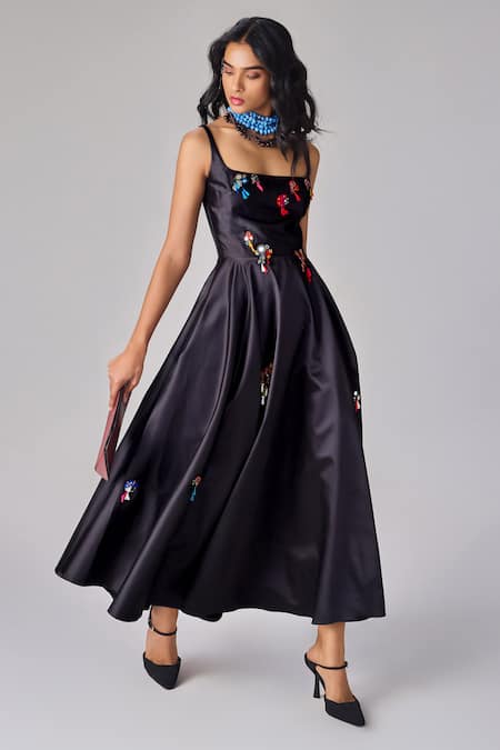 Saaksha & Kinni_Black Taffeta Mirrors, Tassels Square Neck Hand Embroidered Maxi Dress _Online_at_Aza_Fashions