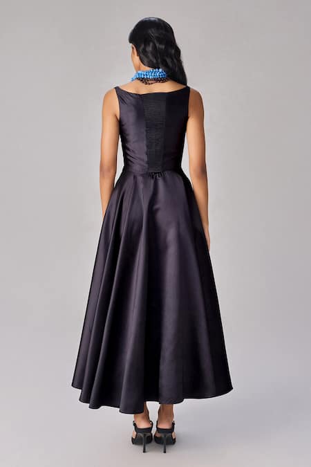 Shop_Saaksha & Kinni_Black Taffeta Mirrors, Tassels Square Neck Hand Embroidered Maxi Dress _at_Aza_Fashions