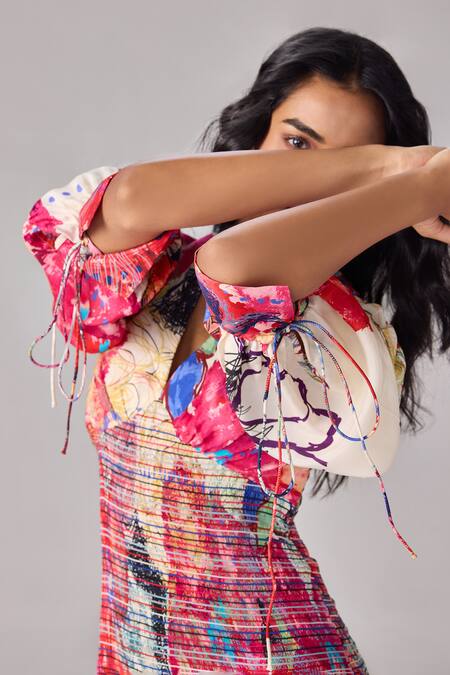 Saaksha & Kinni Multi Color Hemp V-neck Abstract Floral Print Midi Dress Online at Aza Fashions Saaksha & Kinni_Multi Color Hemp V-neck Abstract Floral Print Midi Dress _Online_at_Aza_Fashions