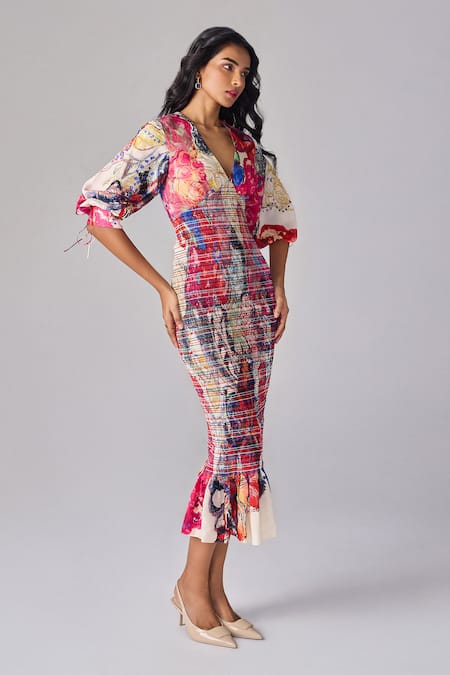 Buy Saaksha & Kinni Multi Color Hemp V-neck Abstract Floral Print Midi Dress Online at Aza Fashions Buy_Saaksha & Kinni_Multi Color Hemp V-neck Abstract Floral Print Midi Dress _Online_at_Aza_Fashions