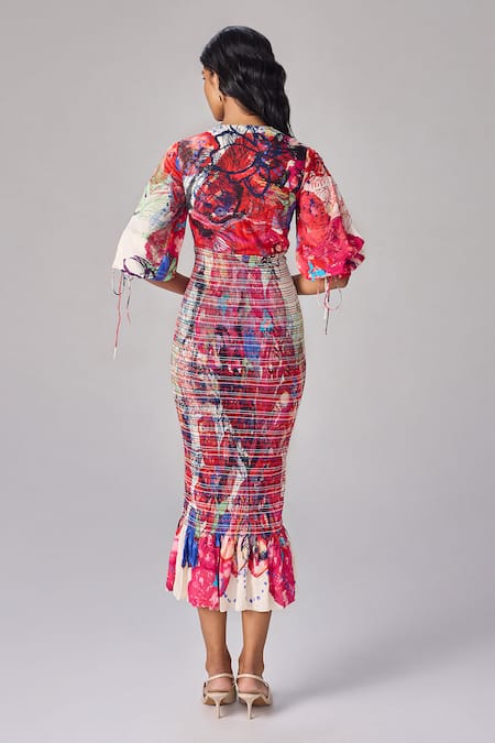 Shop Saaksha & Kinni Multi Color Hemp V-neck Abstract Floral Print Midi Dress at Aza Fashions Shop_Saaksha & Kinni_Multi Color Hemp V-neck Abstract Floral Print Midi Dress _at_Aza_Fashions