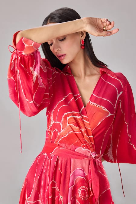 Buy_Saaksha & Kinni_Pink Crepe Collared Abstract Floral Wrap Mini Dress _Online_at_Aza_Fashions