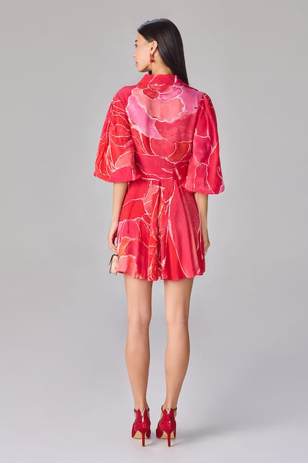 Shop_Saaksha & Kinni_Pink Crepe Collared Abstract Floral Wrap Mini Dress _at_Aza_Fashions