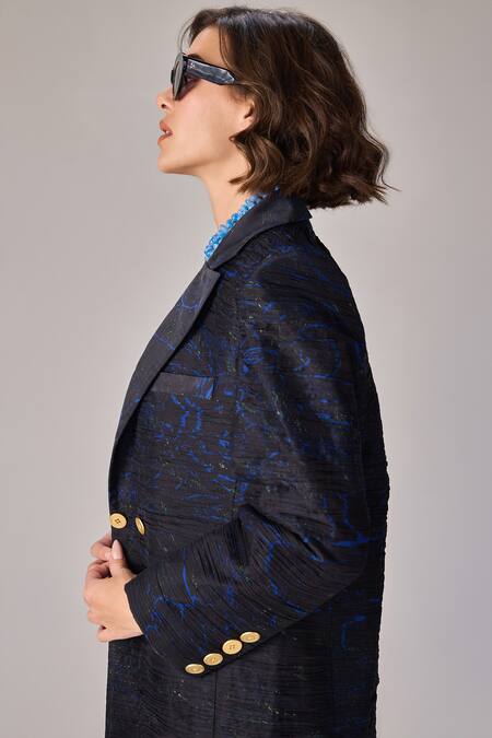 Saaksha & Kinni_Black Chiffon Abstract Floral Print Blazer _Online_at_Aza_Fashions