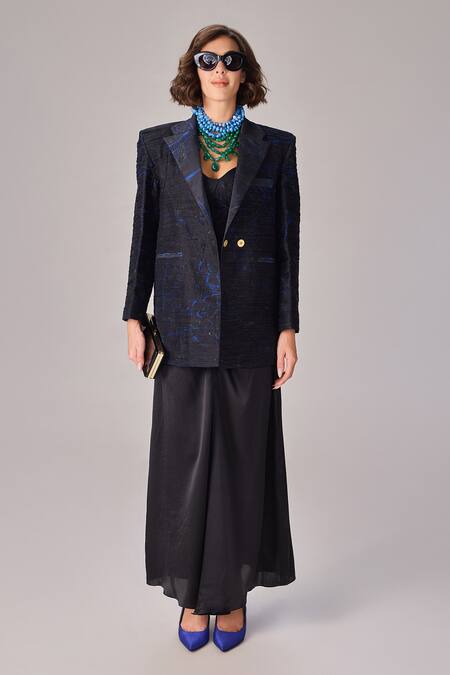 Buy_Saaksha & Kinni_Black Chiffon Abstract Floral Print Blazer _Online_at_Aza_Fashions