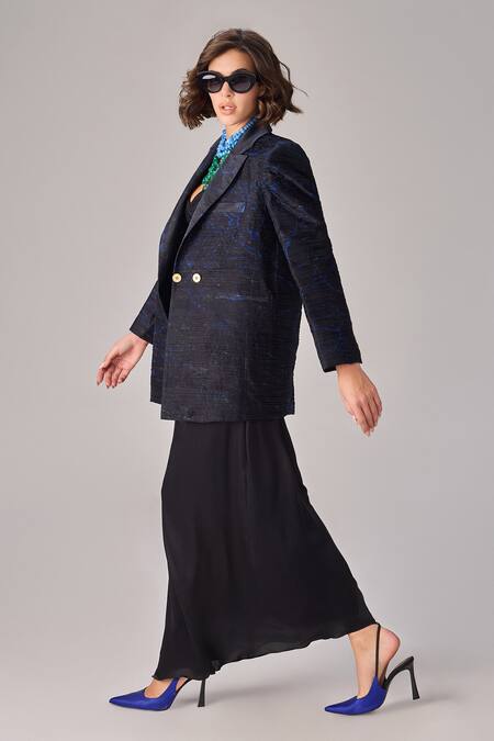 Shop_Saaksha & Kinni_Black Chiffon Abstract Floral Print Blazer _Online_at_Aza_Fashions